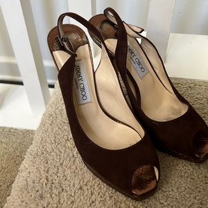 Jimmy Choo Nova Peep-Toe Suede Leather Slingback Platform Pumps Size 38
